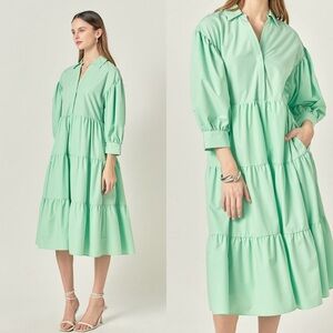 English Factory • V Neckline Mint Puff Sleeve Midi Dress Sz XS Cottagecore
